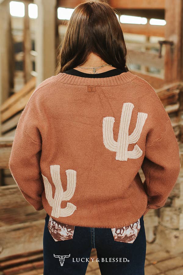 Button Down Cactus Sweater Cardigan - Camel/Brown