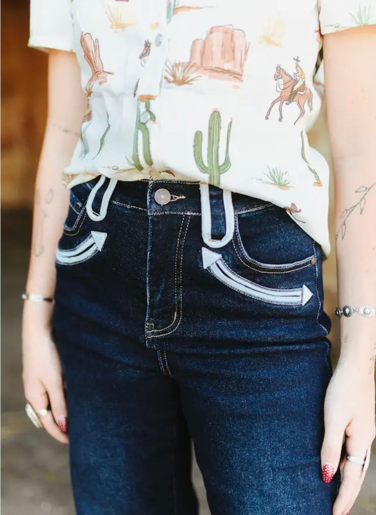 Dark Wash Stretch Denim Western Wide Leg Jeans