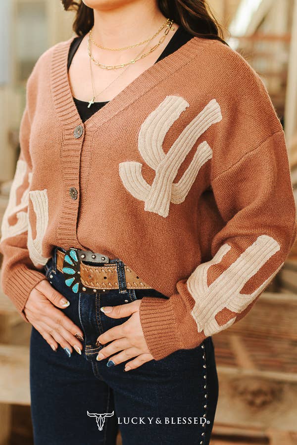Button Down Cactus Sweater Cardigan - Camel/Brown