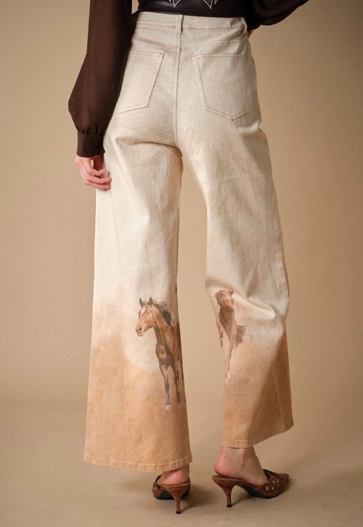Western Horse Print Wide Leg Jeans - Tan