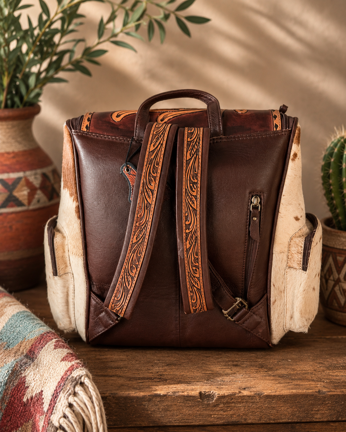Turquoise Feathers Tooled Leather & Cowhide Backpack