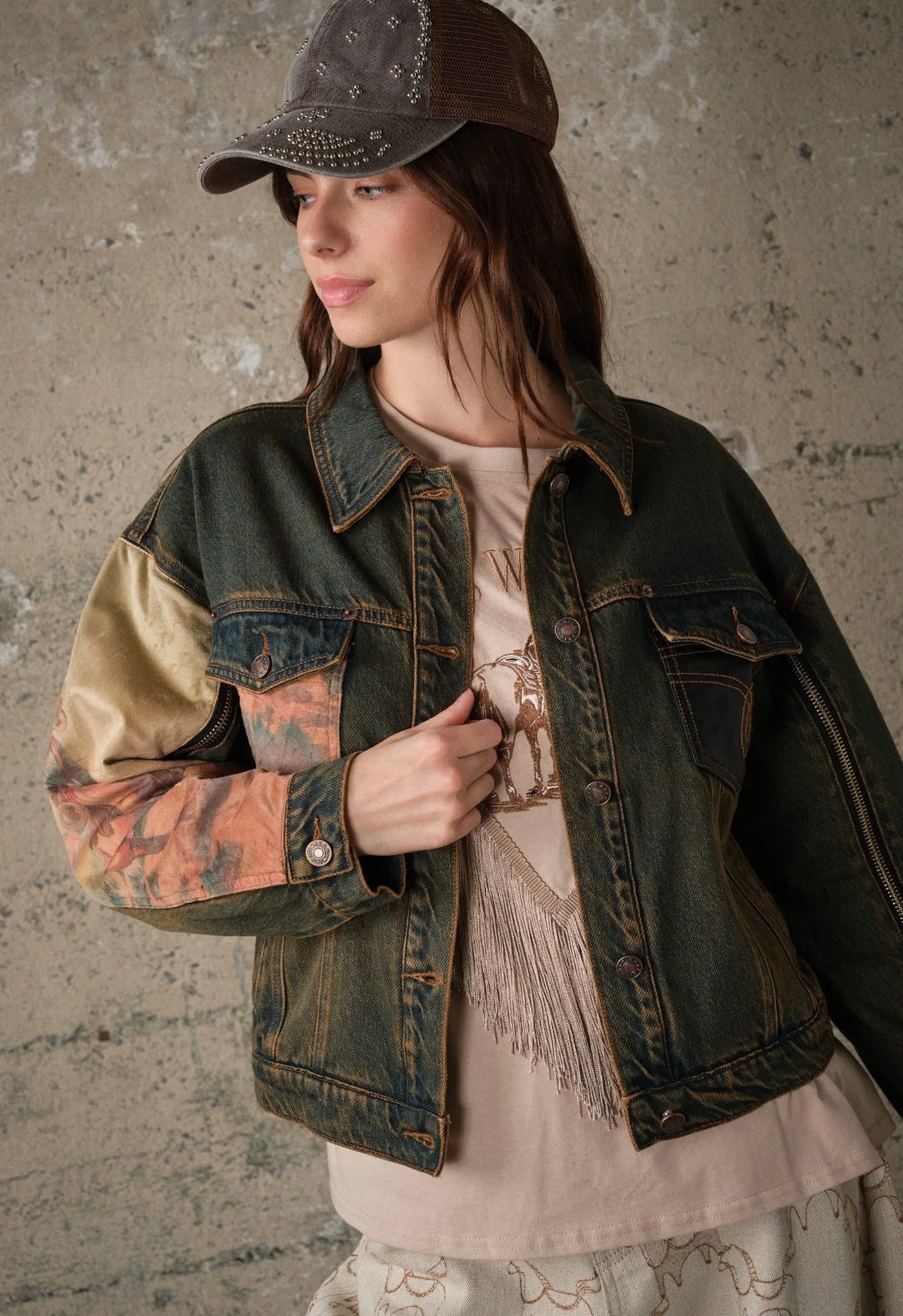 Western Print Mix Denim Jacket
