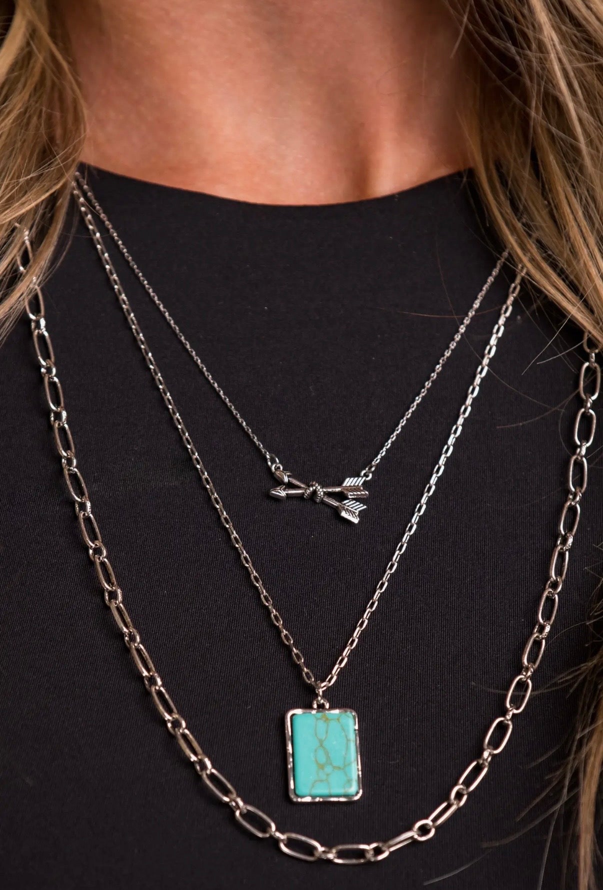24” Layered Silver Necklace w/ Arrows and Turquoise Accents