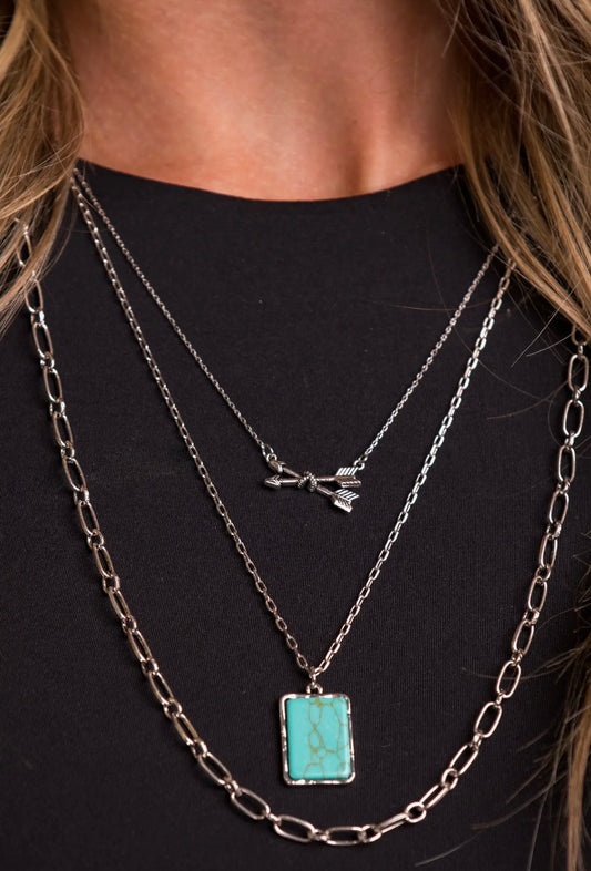 24” Layered Silver Necklace w/ Arrows and Turquoise Accents