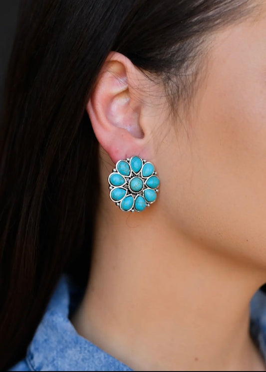 Burnished Silver/ Turquoise Flower Stud Earrings