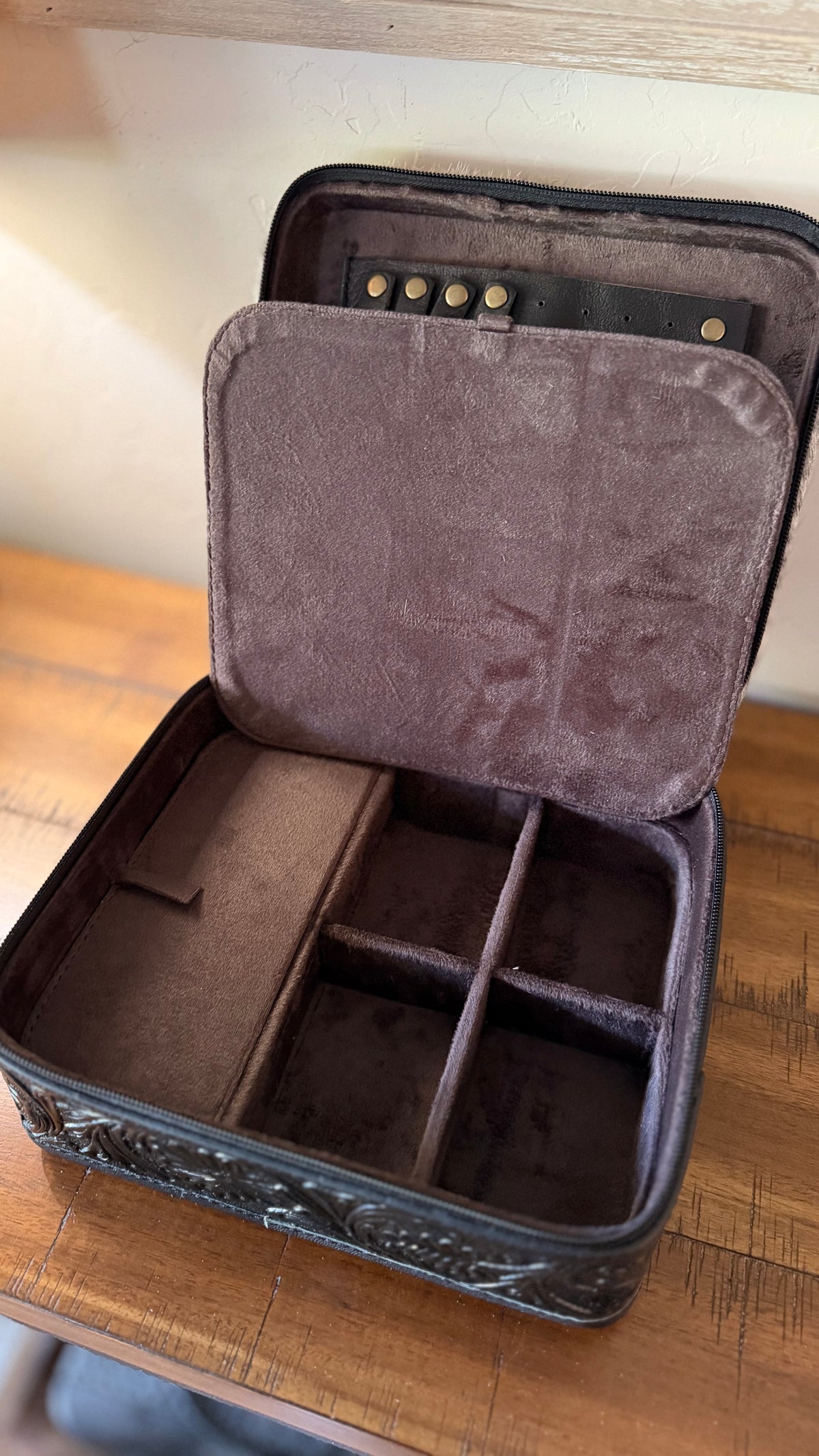 Black Tooled Leather & Cowhide Jewelry Box
