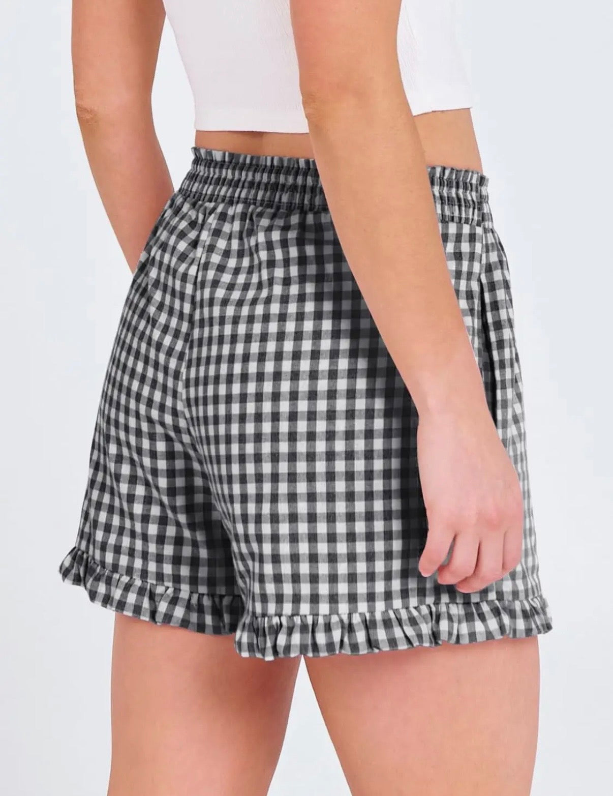 Plaid Shorts w/ Ruffle Hem - Black