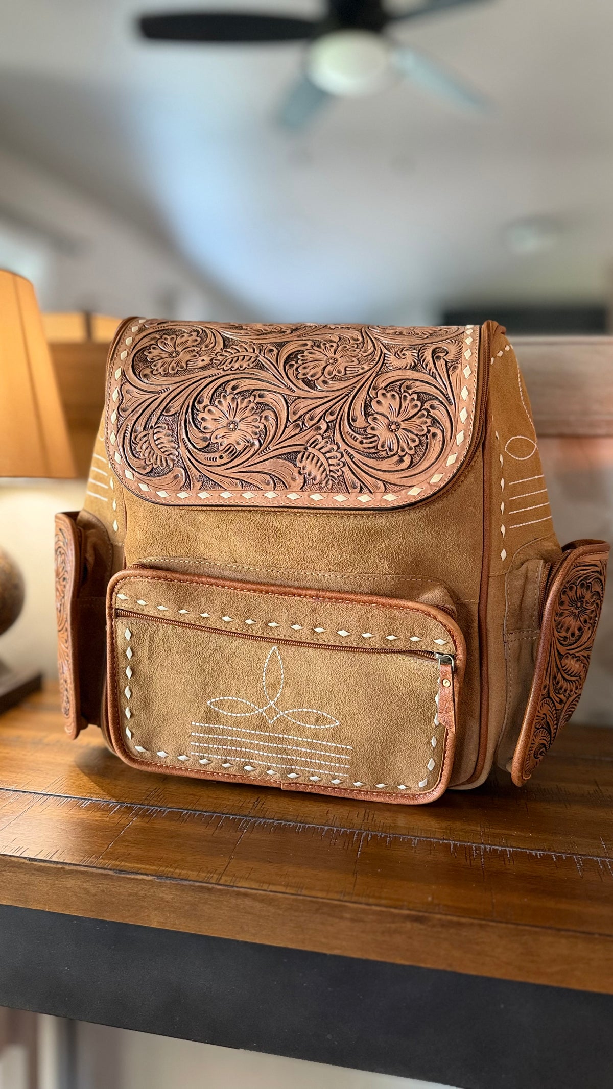 Tan Suede Boot Stitch Backpack