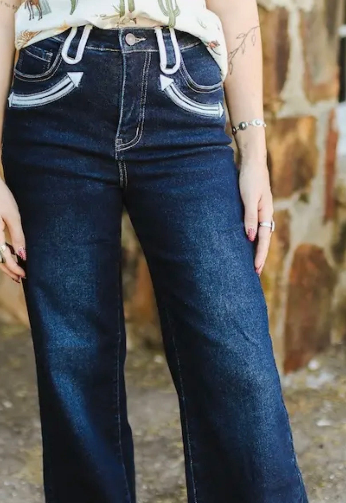 Dark Wash Stretch Denim Western Wide Leg Jeans