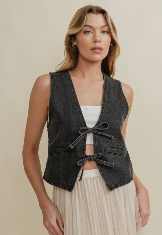 Washed Denim Vest with Front Bow Ties