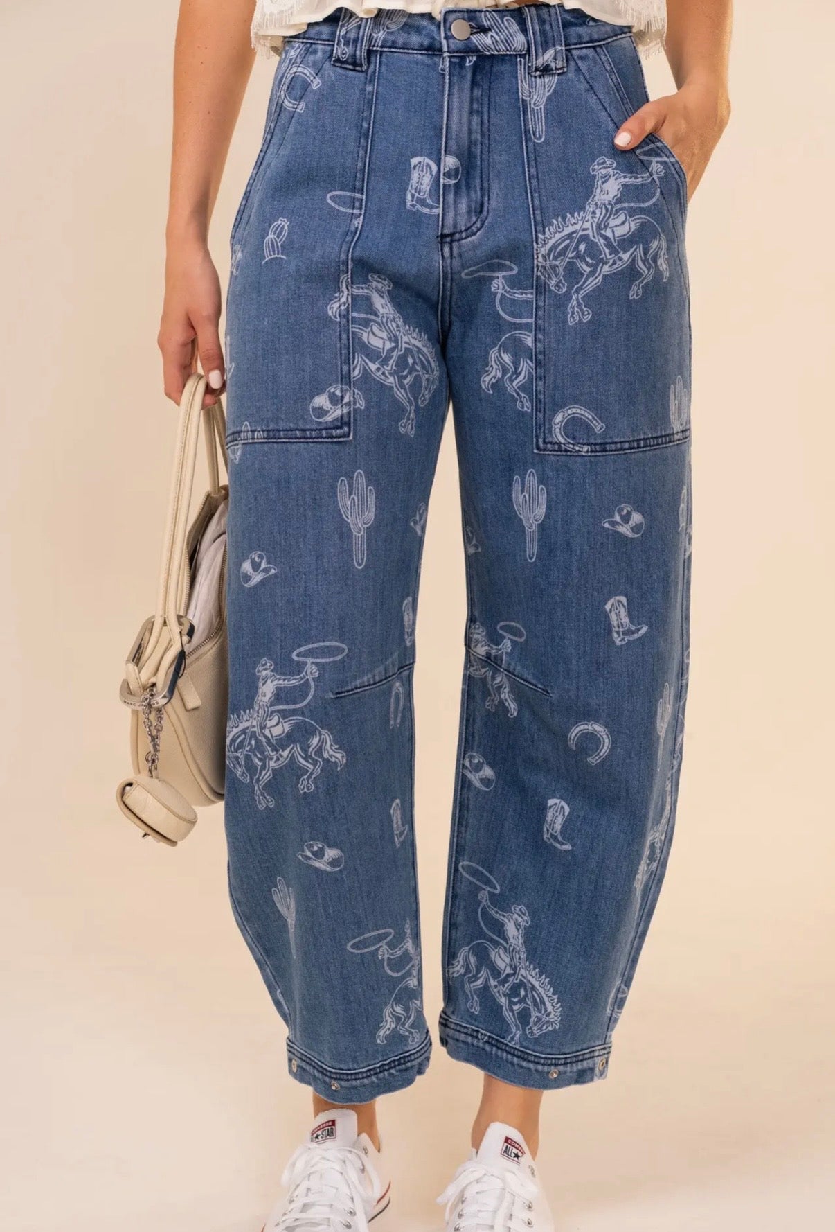 Western Print Barrel Leg Denim Jean