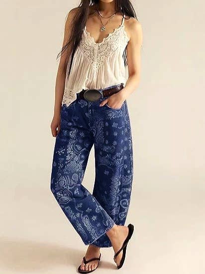 Denim Western Ethnic Paisley Print Jeans