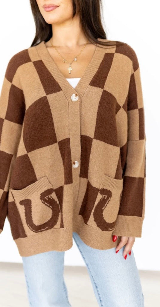 Brown Checkered Horseshoe Cardigan
