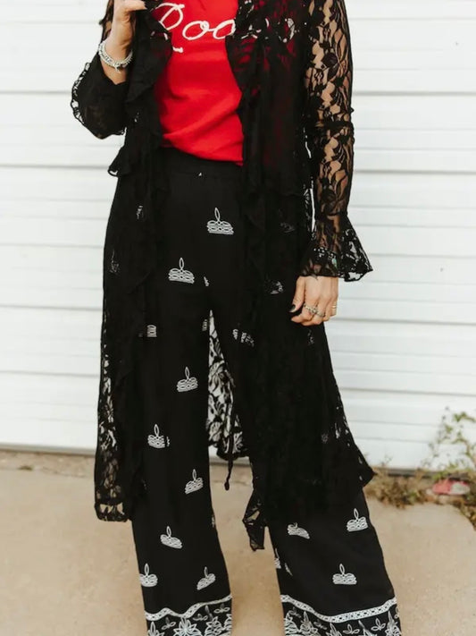 Ruffle Vintage Front Tie Duster - Black