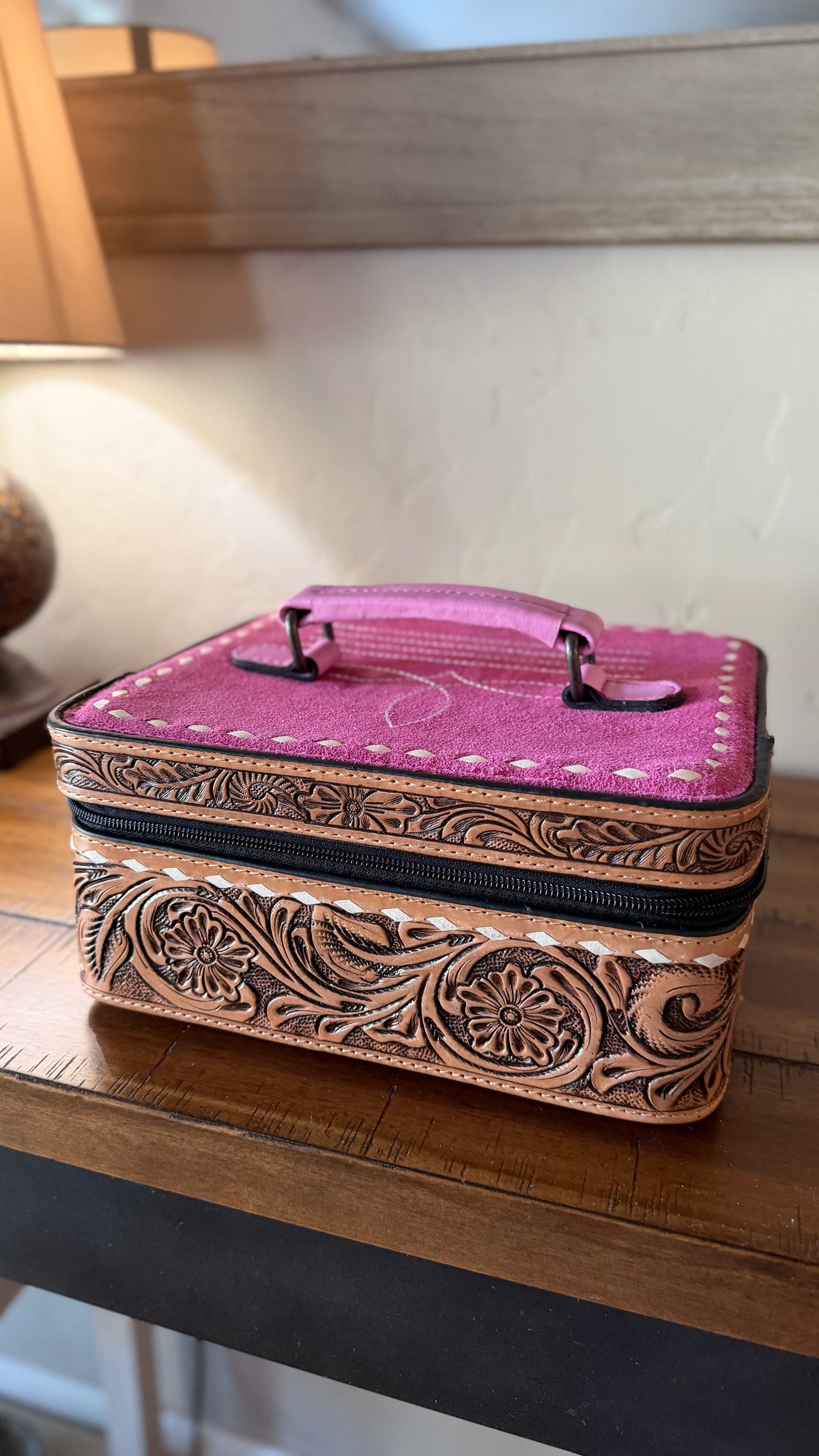 Pink Boot Stitch & Tooled Leather Jewelry Box