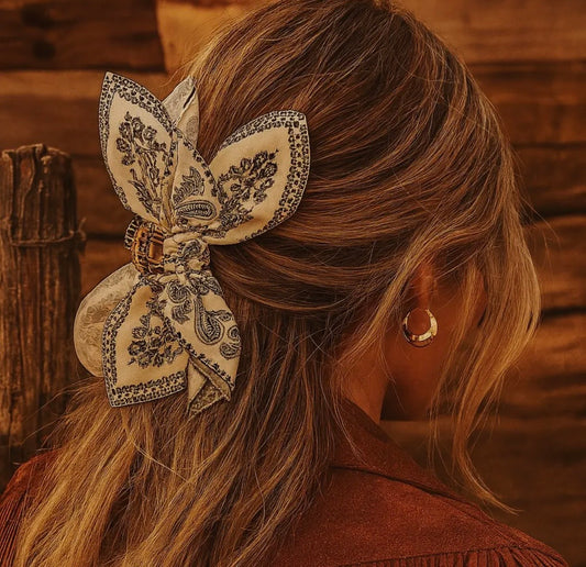 Western Paisley Claw Clip Hair Bow Bandana Print - White