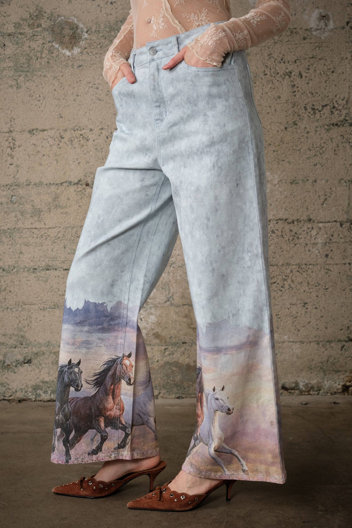 Western Horse Print Wide Leg Jeans - Light Wash
