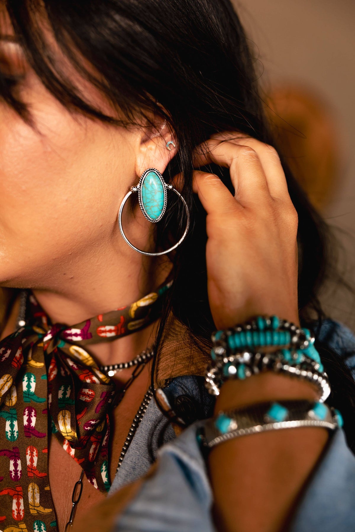 2.25" Turquoise Oval Post Earring with Hoop Accent