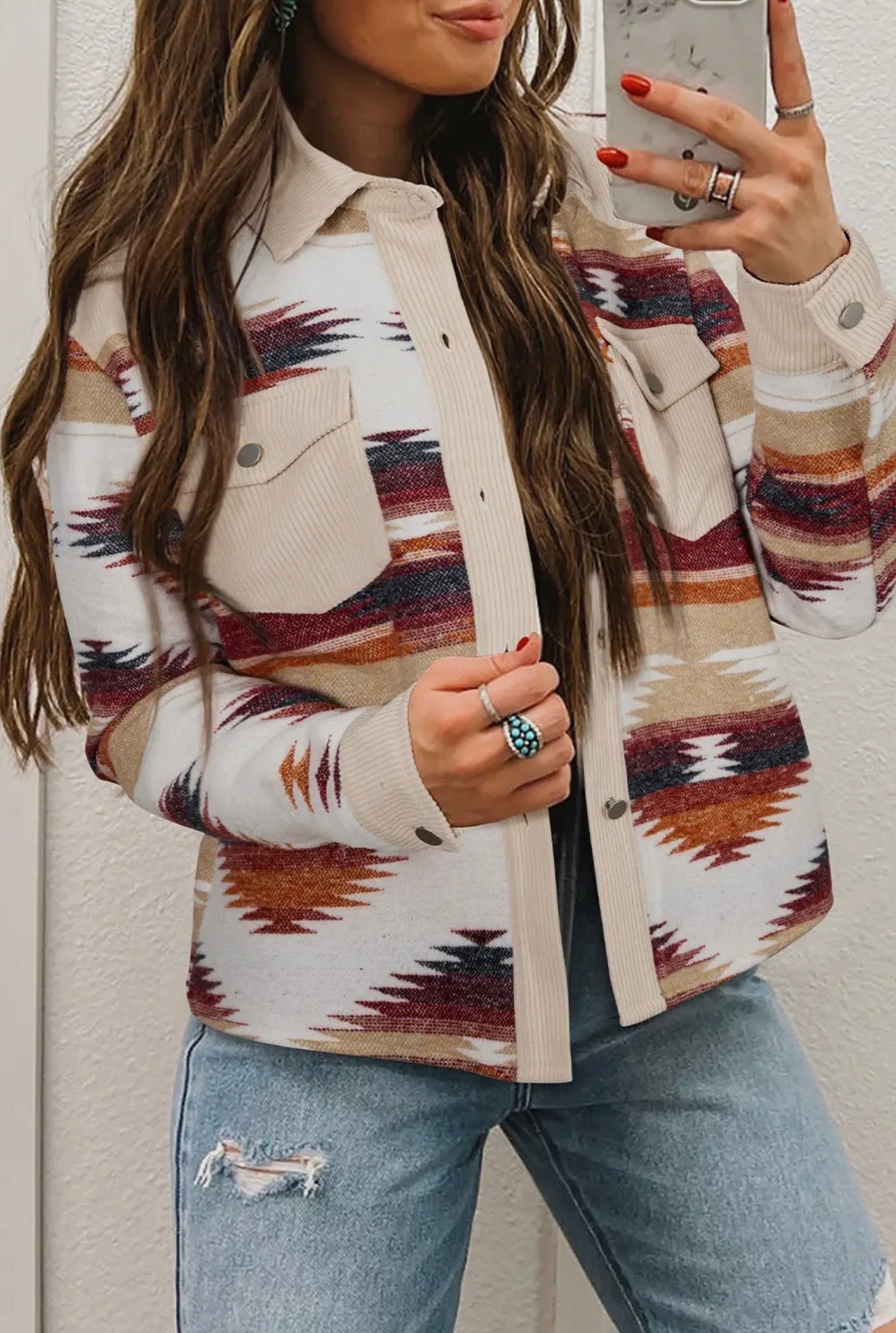 Western Aztec Striped Patchwork Raw Hem Shacket