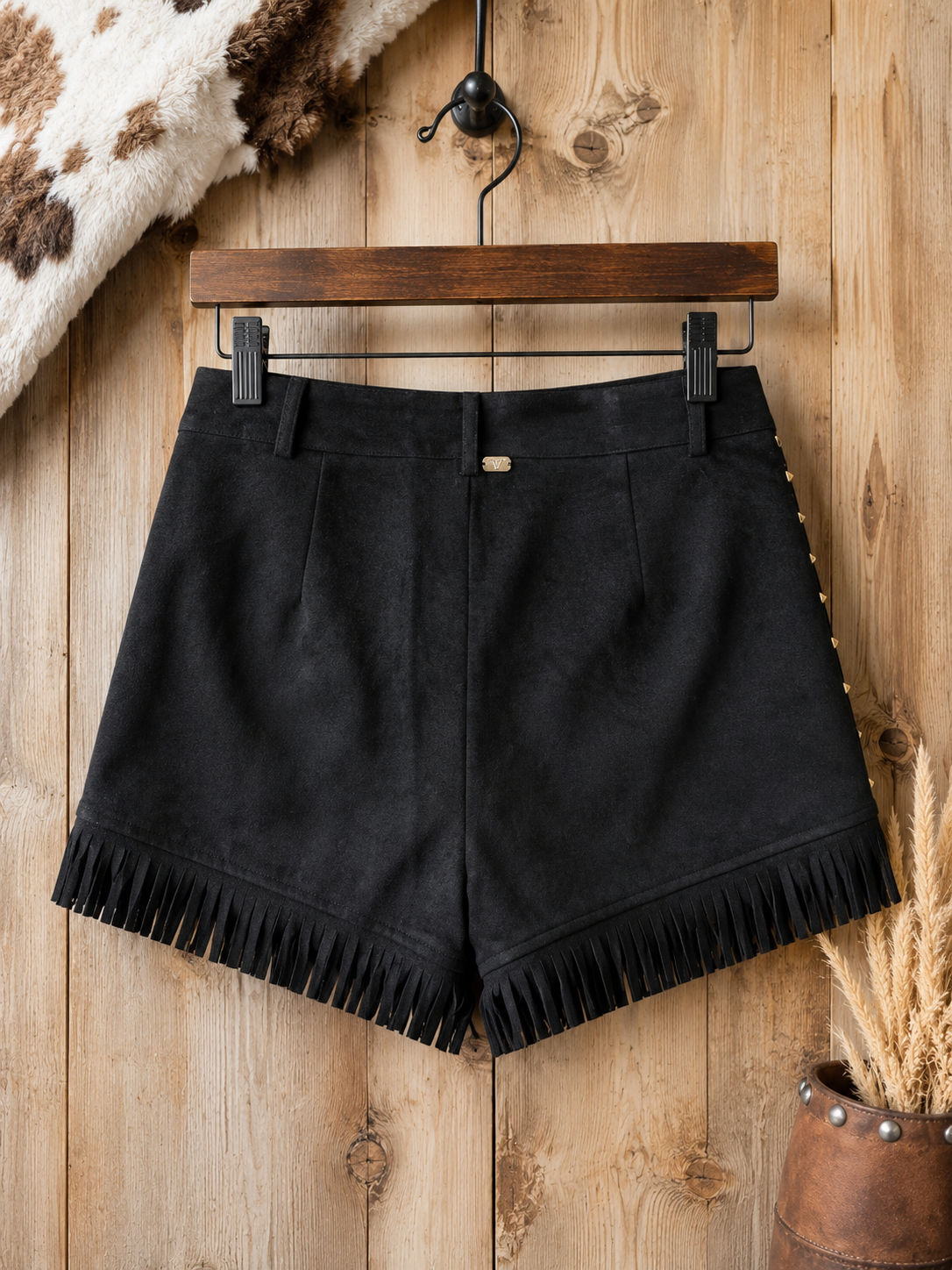 Suede Fringe Hem Vintage Gold Studded Shorts - Black