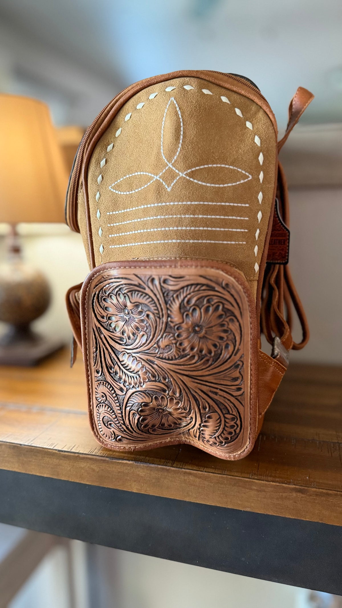 Tan Suede Boot Stitch Backpack