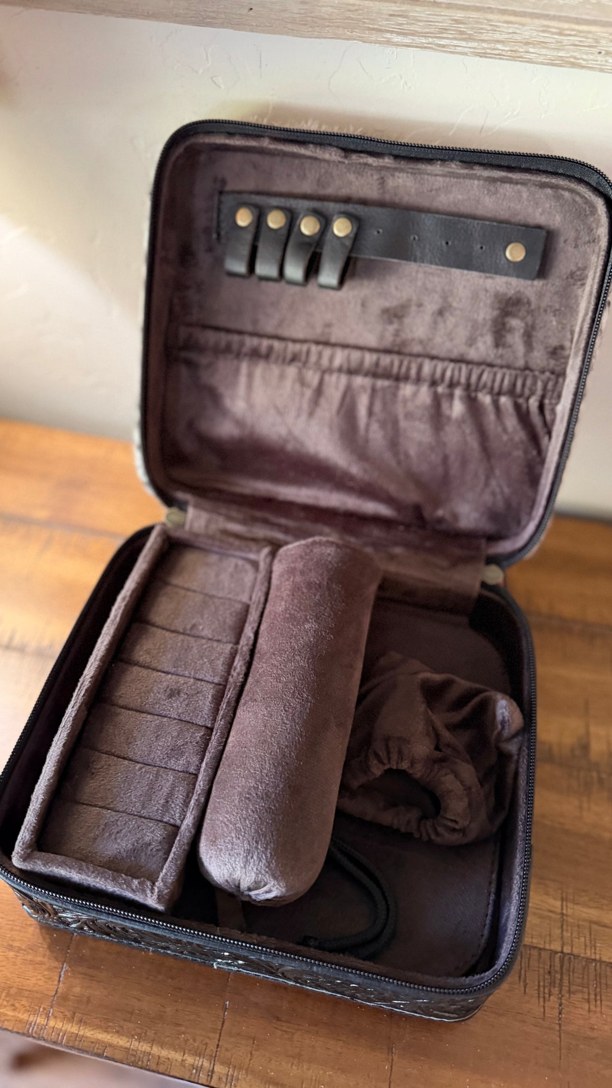 Black Tooled Leather & Cowhide Jewelry Box