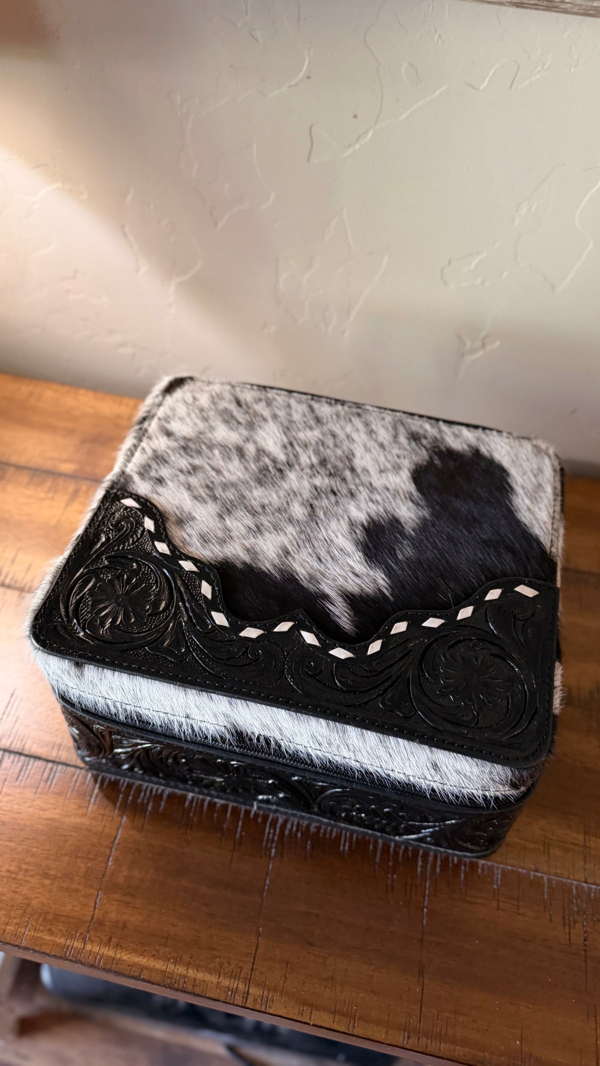 Black Tooled Leather & Cowhide Jewelry Box