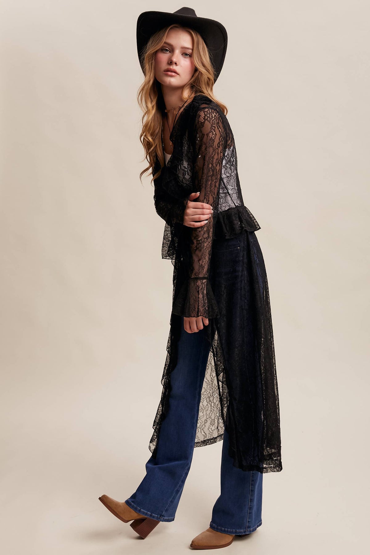 Sheer Lace Ruffle Duster - Black