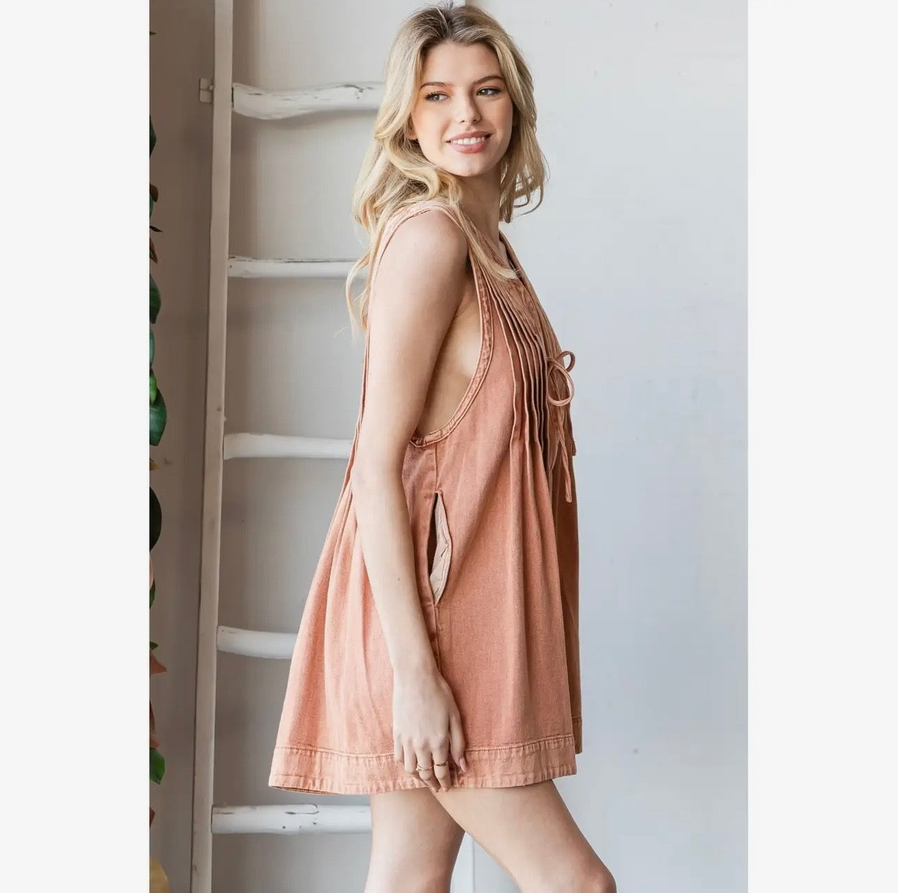 Sleeveless Denim Romper - Vintage Brick
