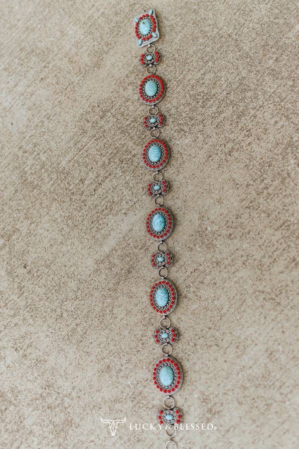 Red and Turquoise Stone Metal Chain Link Belt