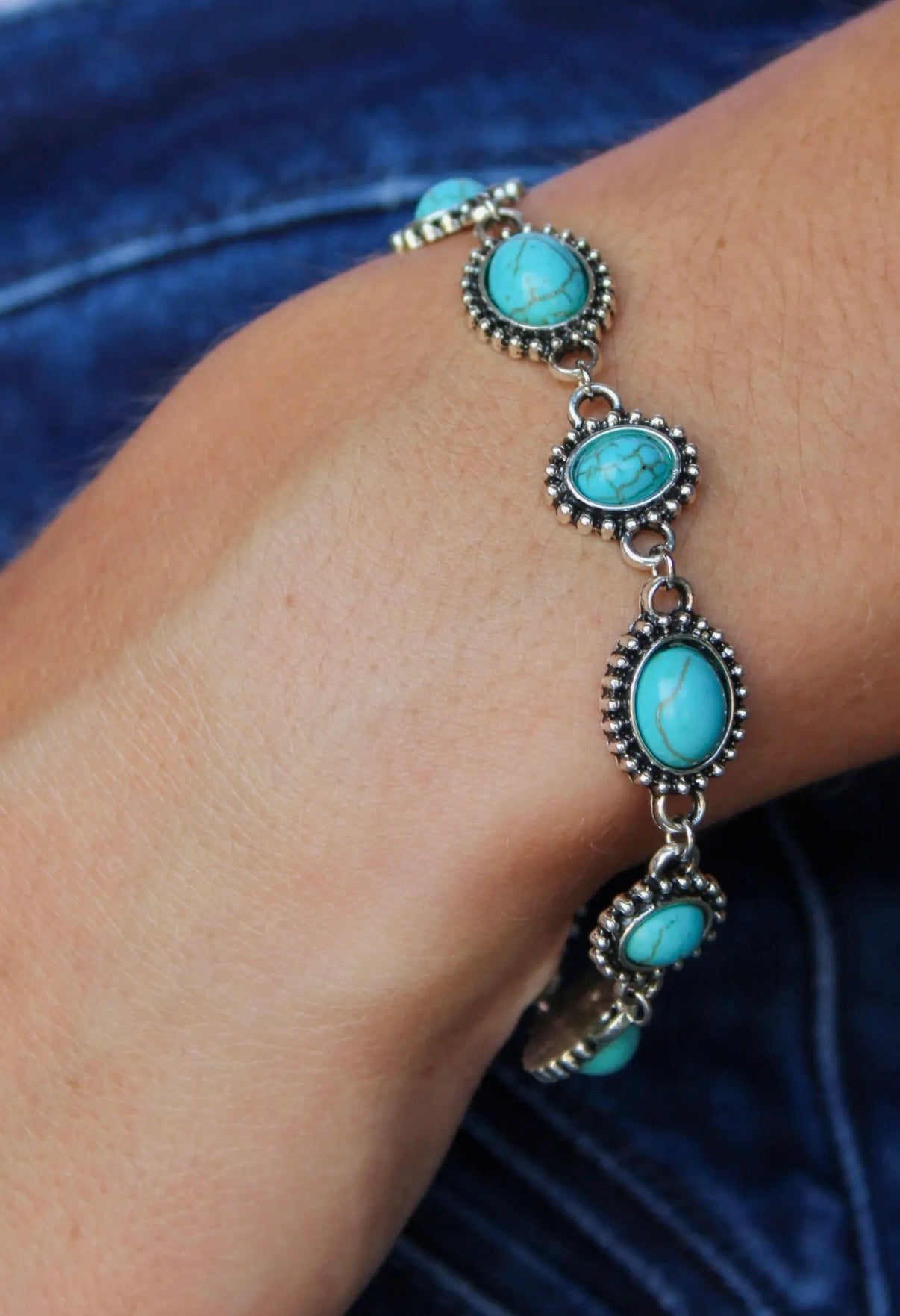 Silver & Oval Turquoise Link Bracelet w/ Toggle Clasp