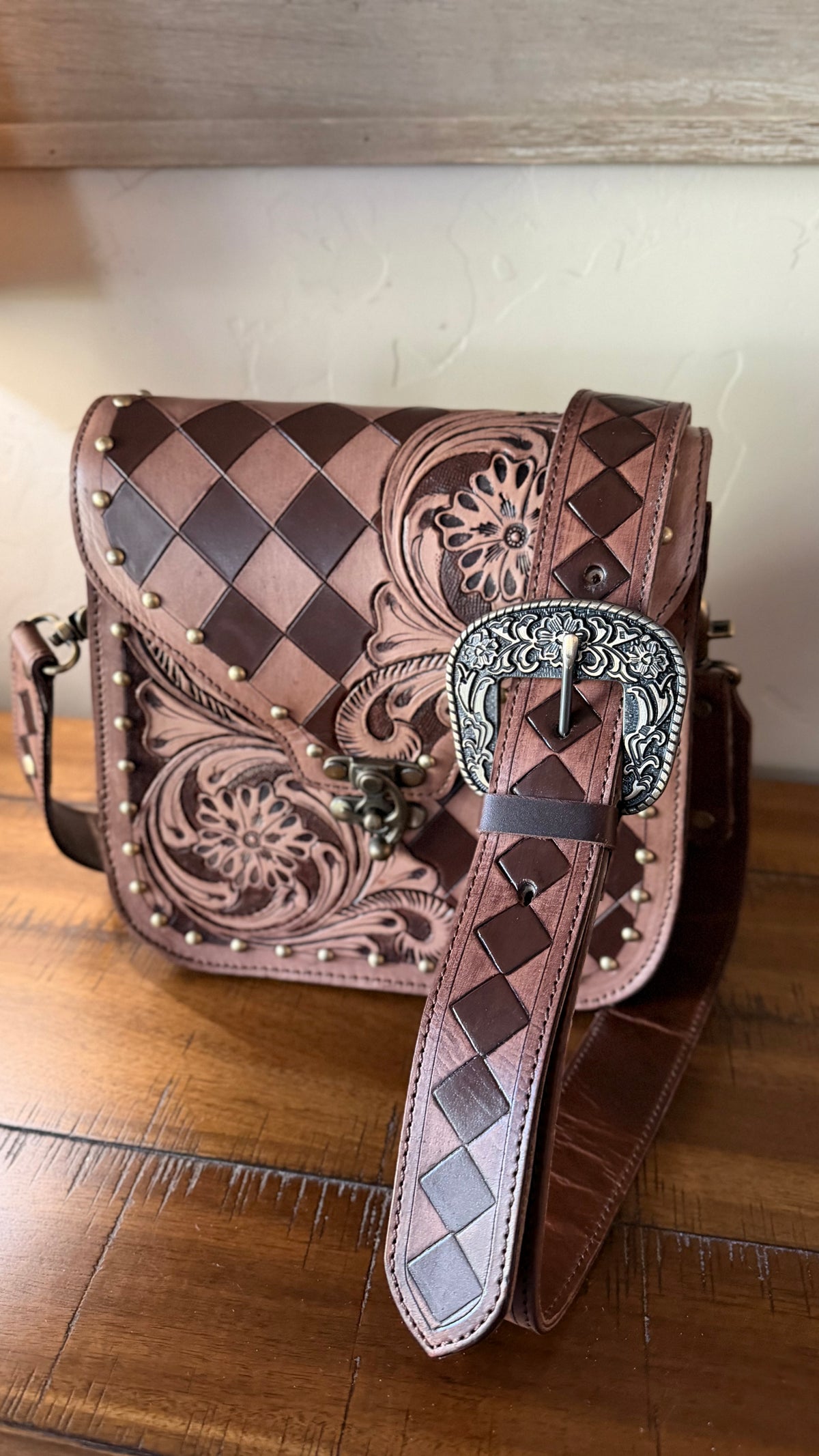 Remington Tooled Leather Checkered Handbag