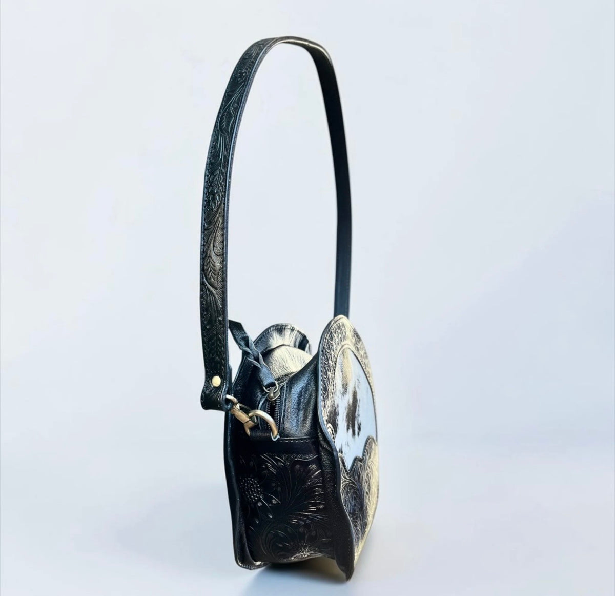 Black Cowhide & Tooled Leather Canteen Bag
