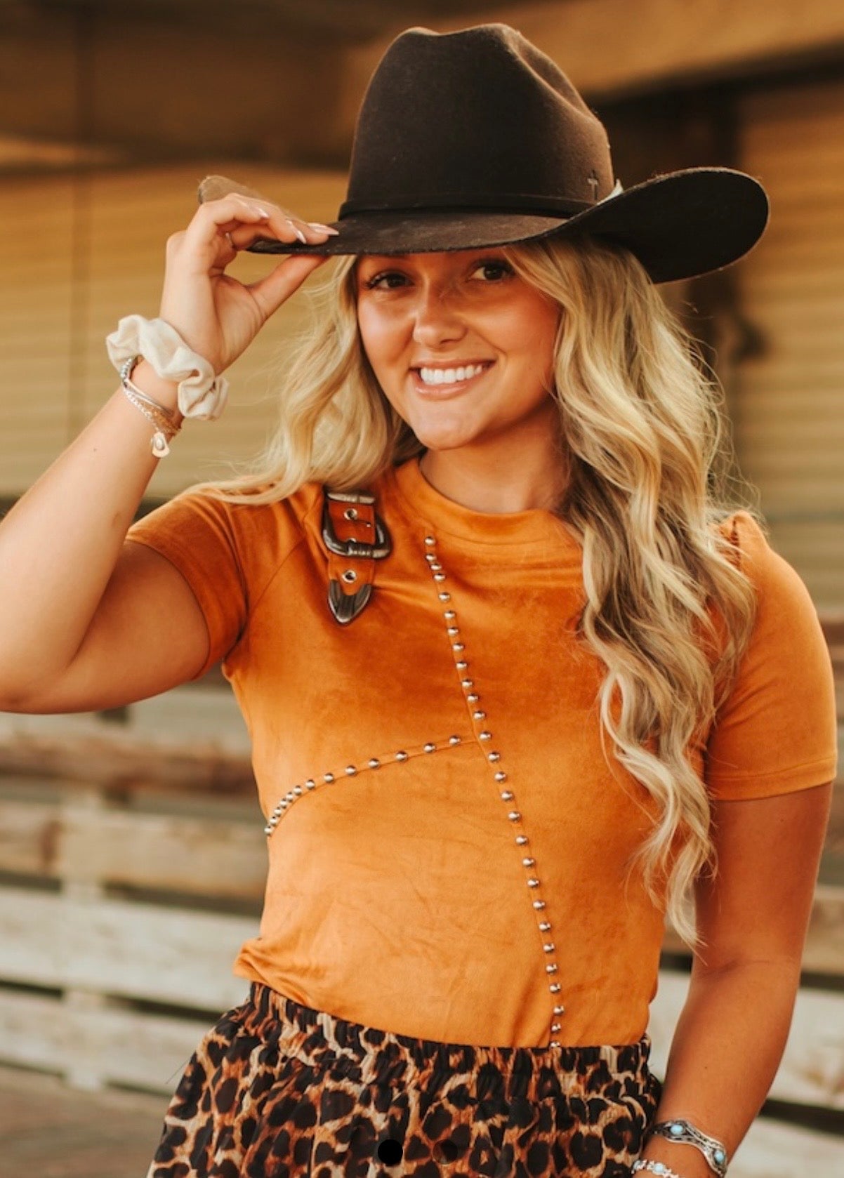 Studded Western Buckle Bodysuit - Camel