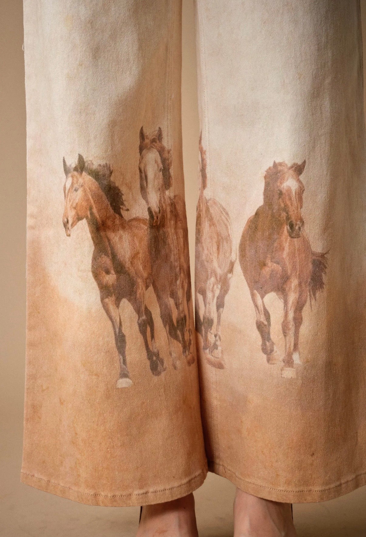 Western Horse Print Wide Leg Jeans - Tan