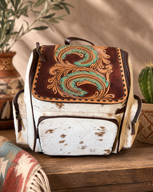 Turquoise Feathers Tooled Leather & Cowhide Backpack