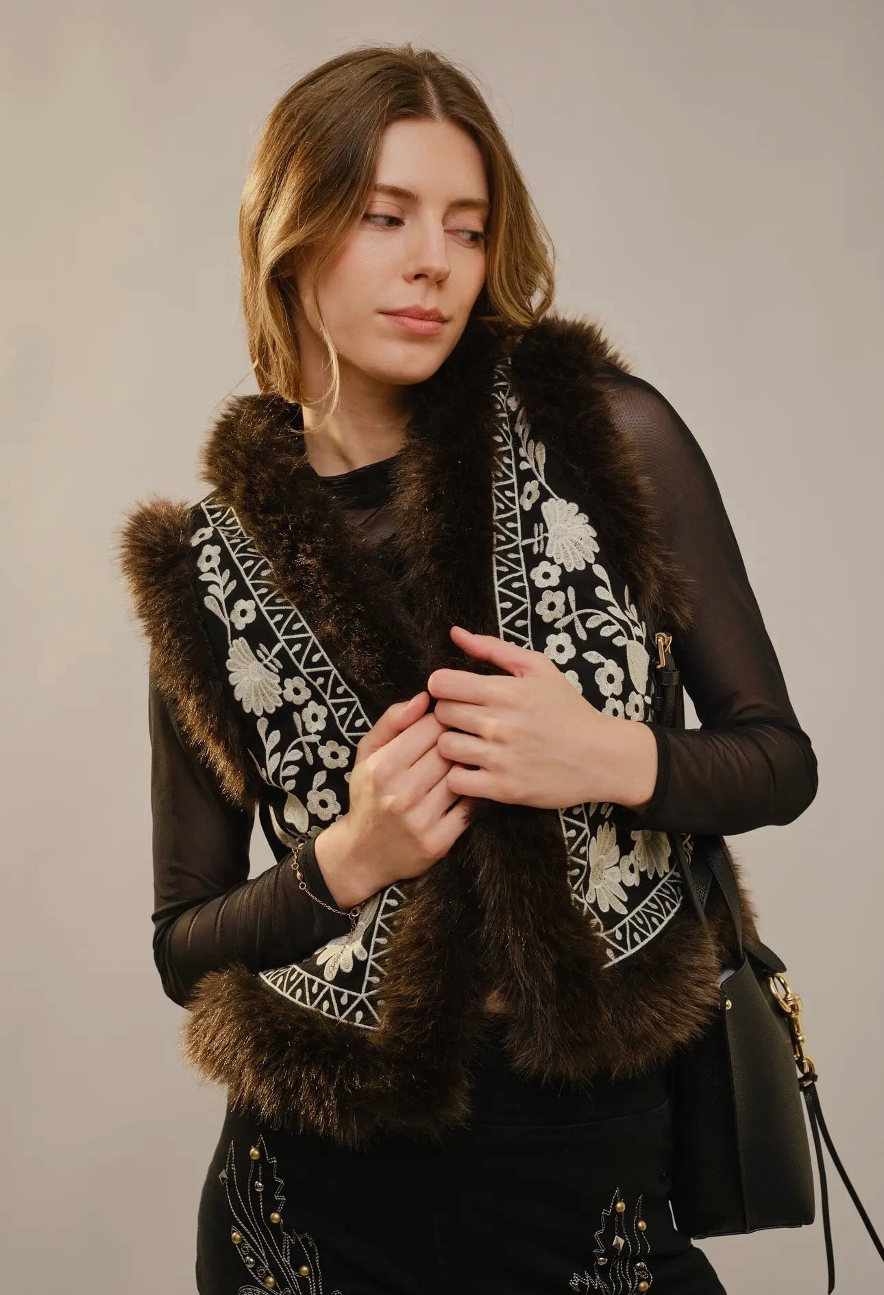 Suede Vest with Fur Trim - Black