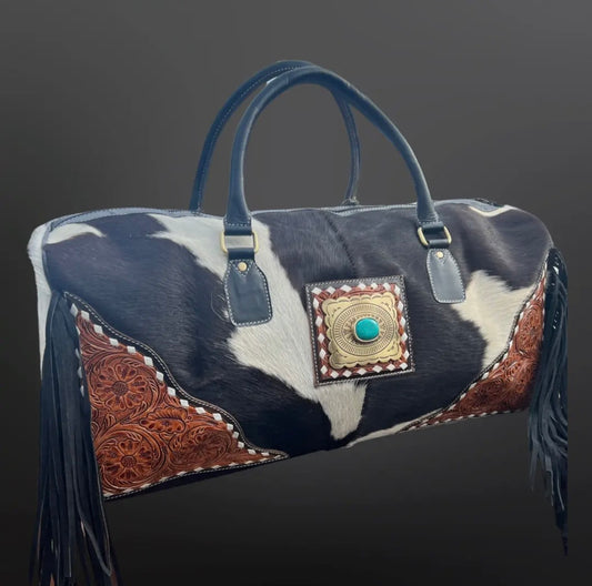 Cowhide Tooled Leather Fringe Duffel Travel Bag - Black