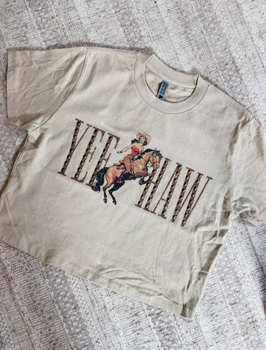 Yeehaw Cowgirl Studded Tee - Tan