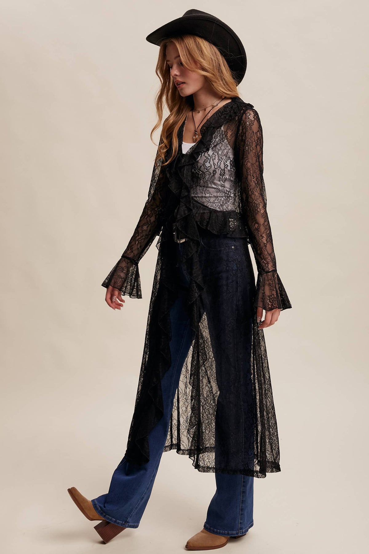 Sheer Lace Ruffle Duster - Black