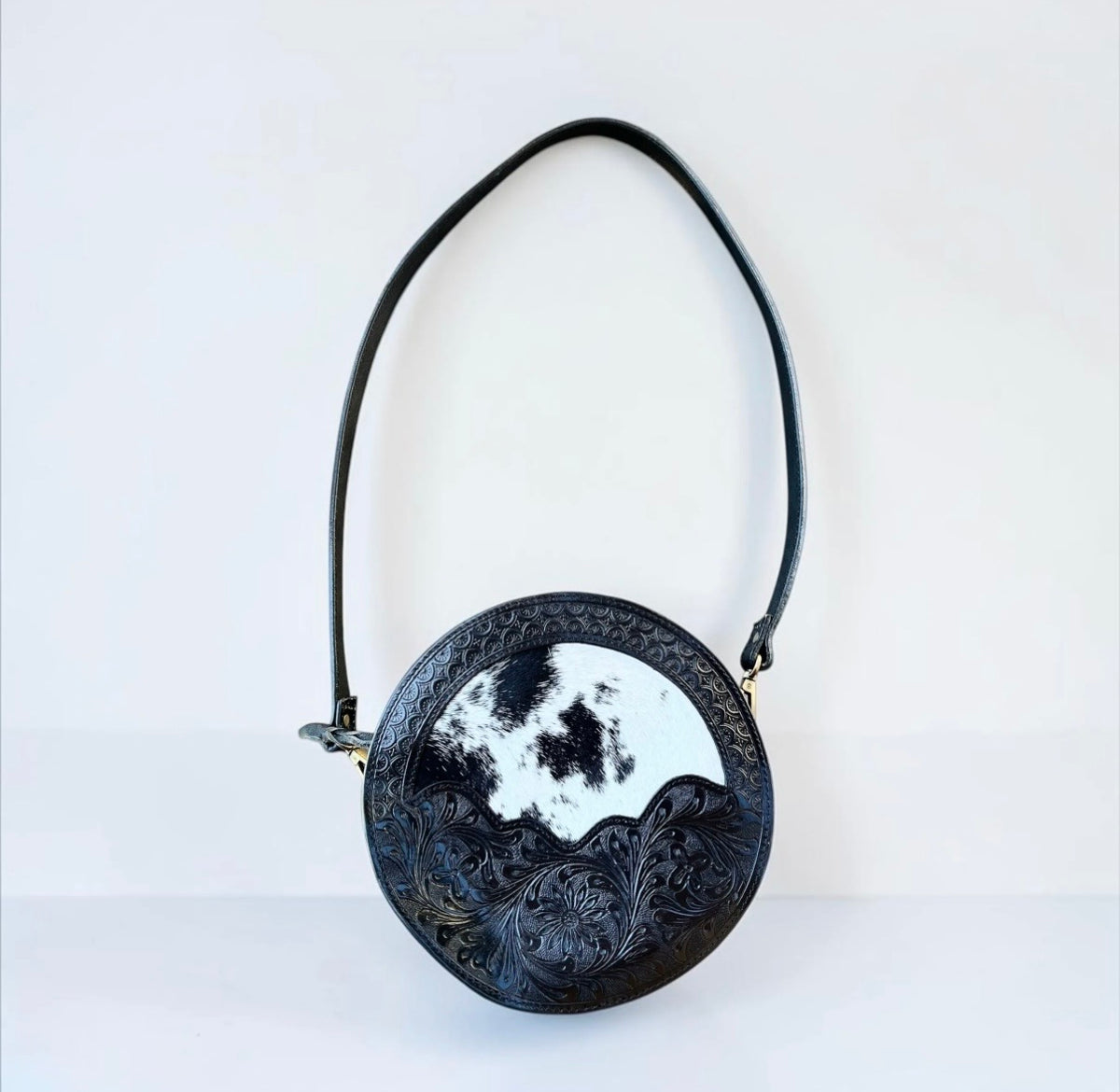 Black Cowhide & Tooled Leather Canteen Bag