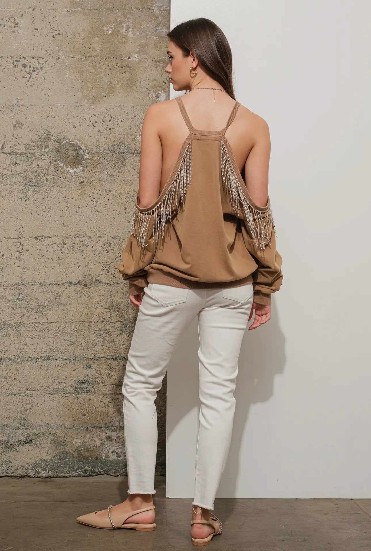 Cold Shoulder Rhinestone Sweatshirt - Tan