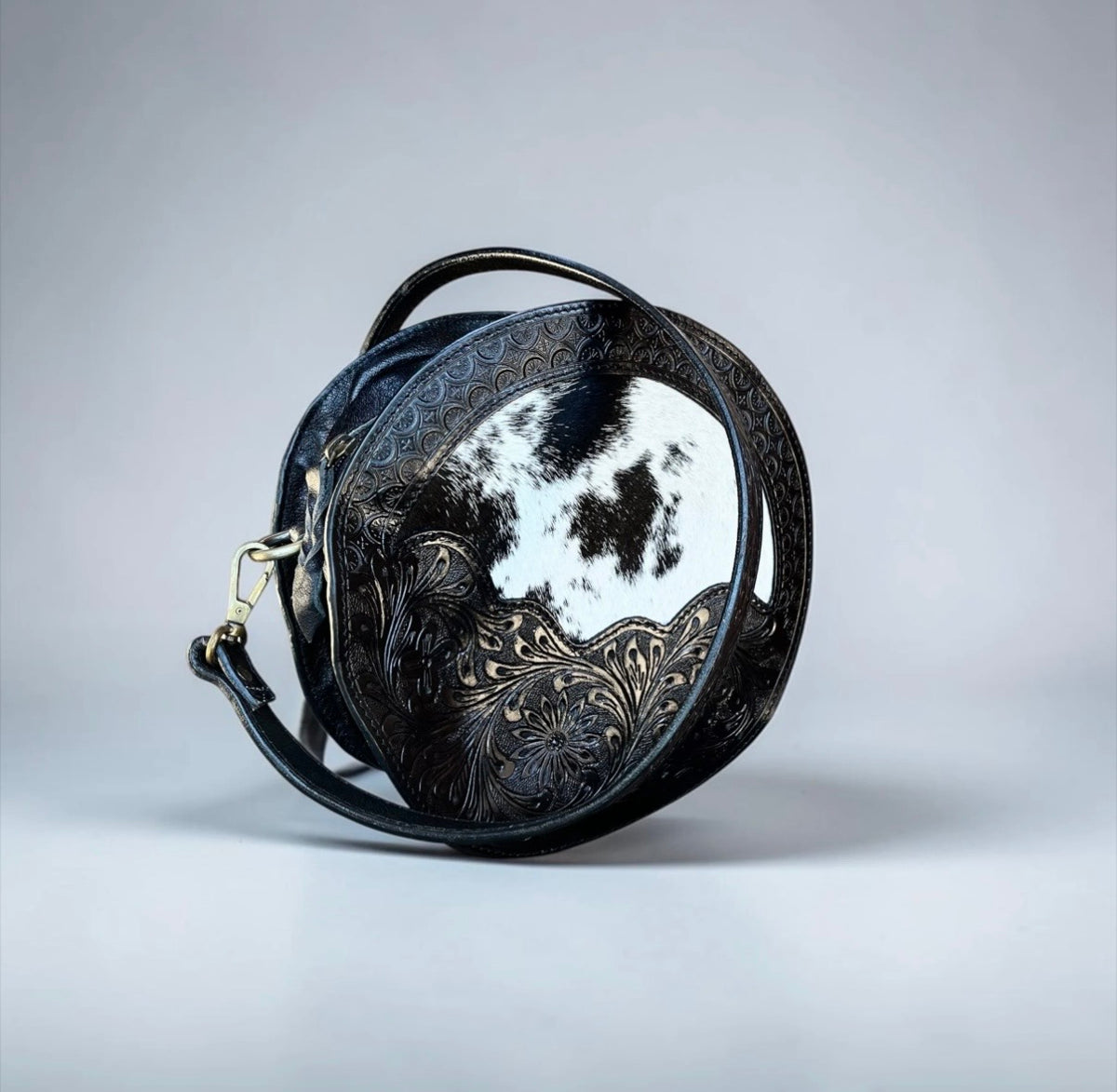 Black Cowhide & Tooled Leather Canteen Bag