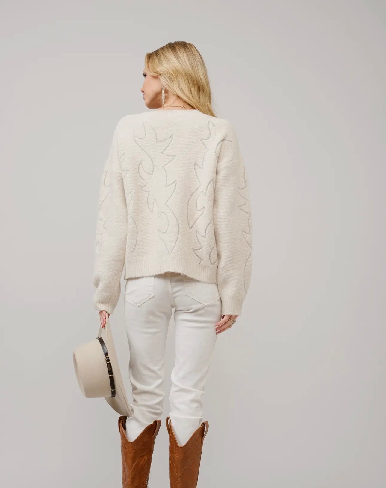 Western Boots Stitch Pattern Crew Neck Sweater - Cream