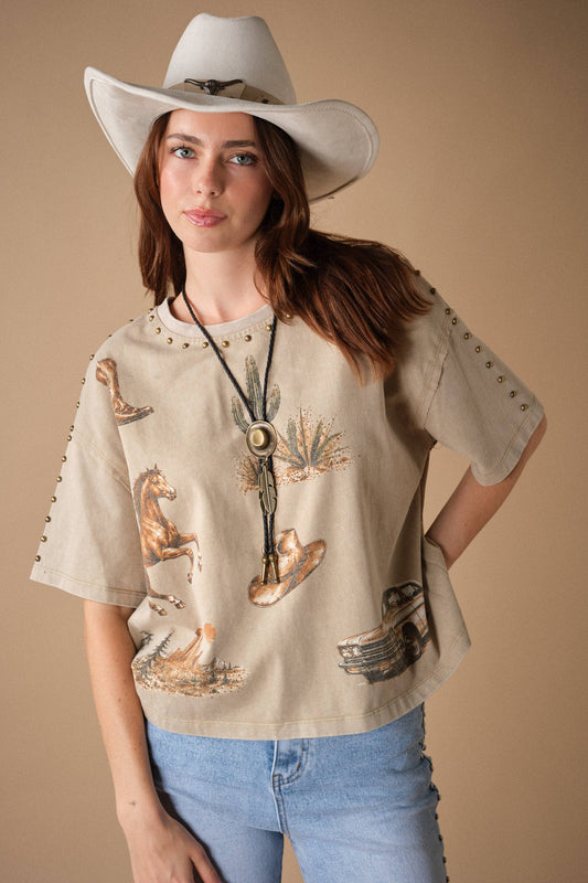 Western Graphic Studded Oversized Tee
