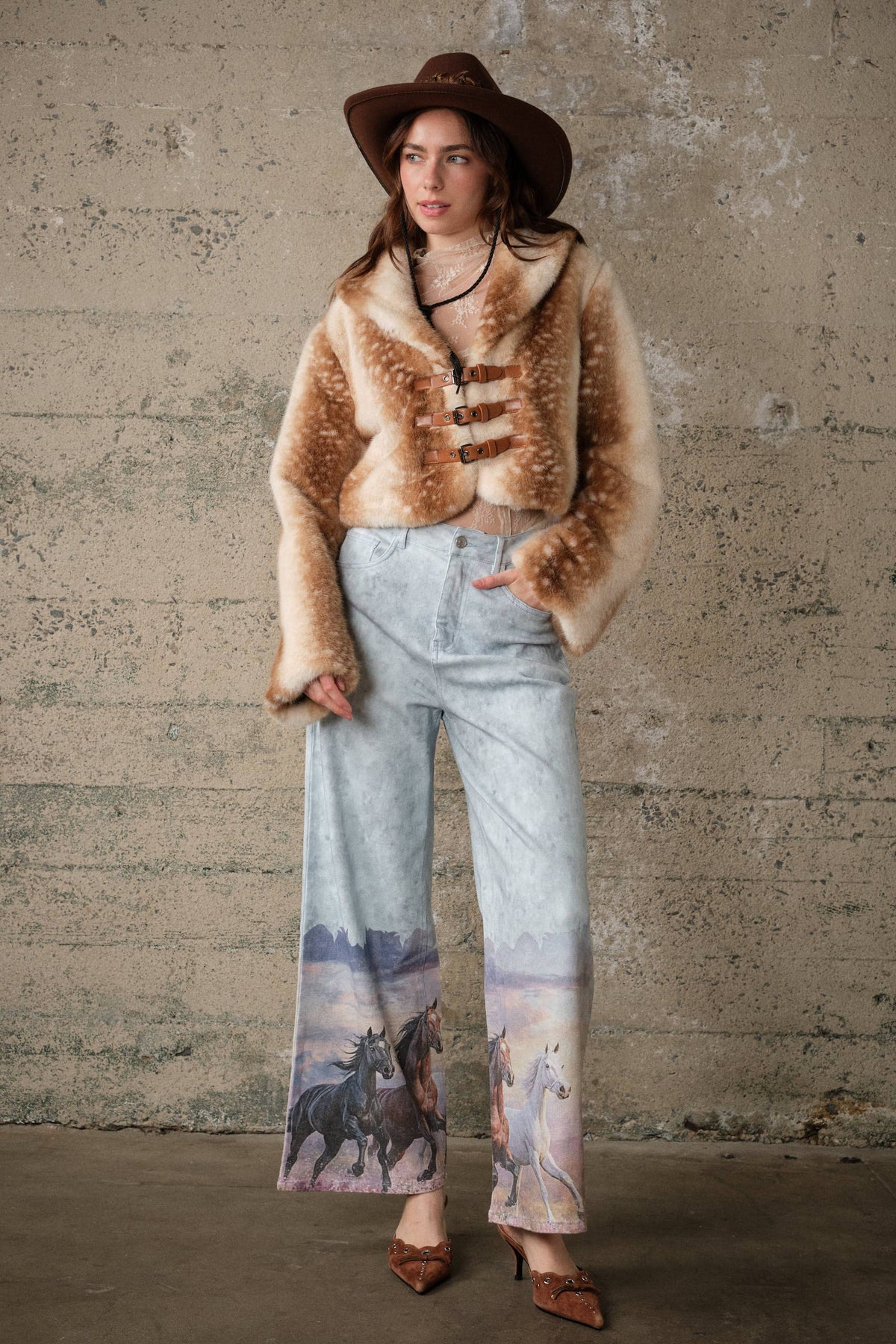 Western Horse Print Wide Leg Jeans - Light Wash