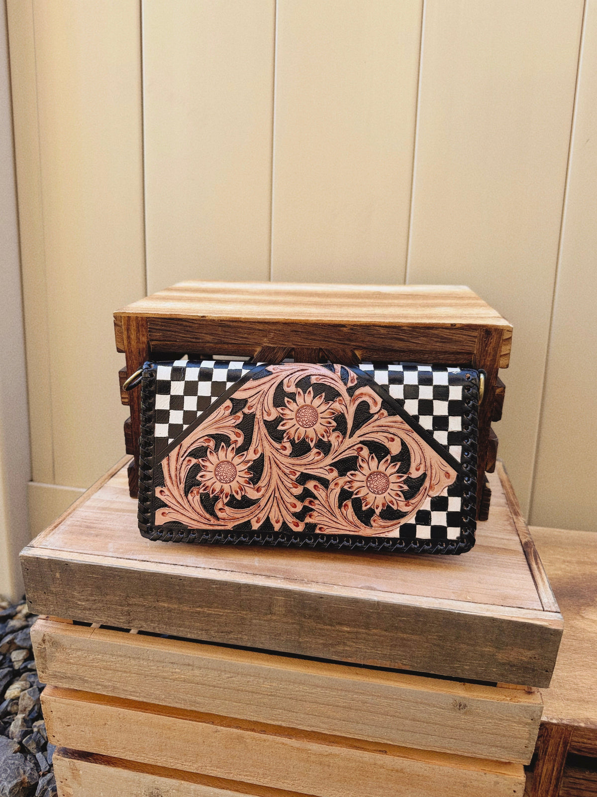 Wildcard Checkered Tooled Leather Clutch