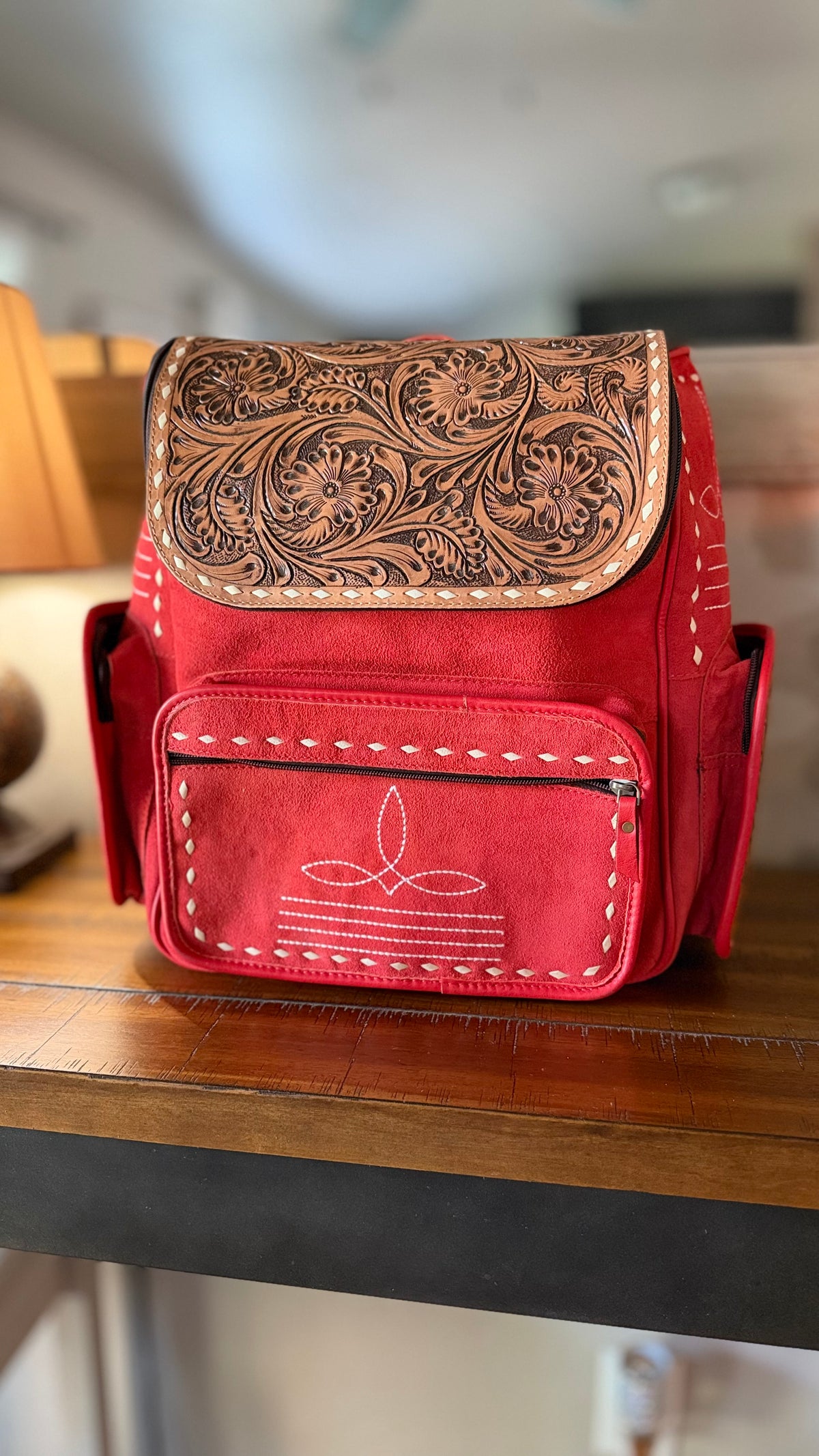 Red Suede Boot Stitch Backpack