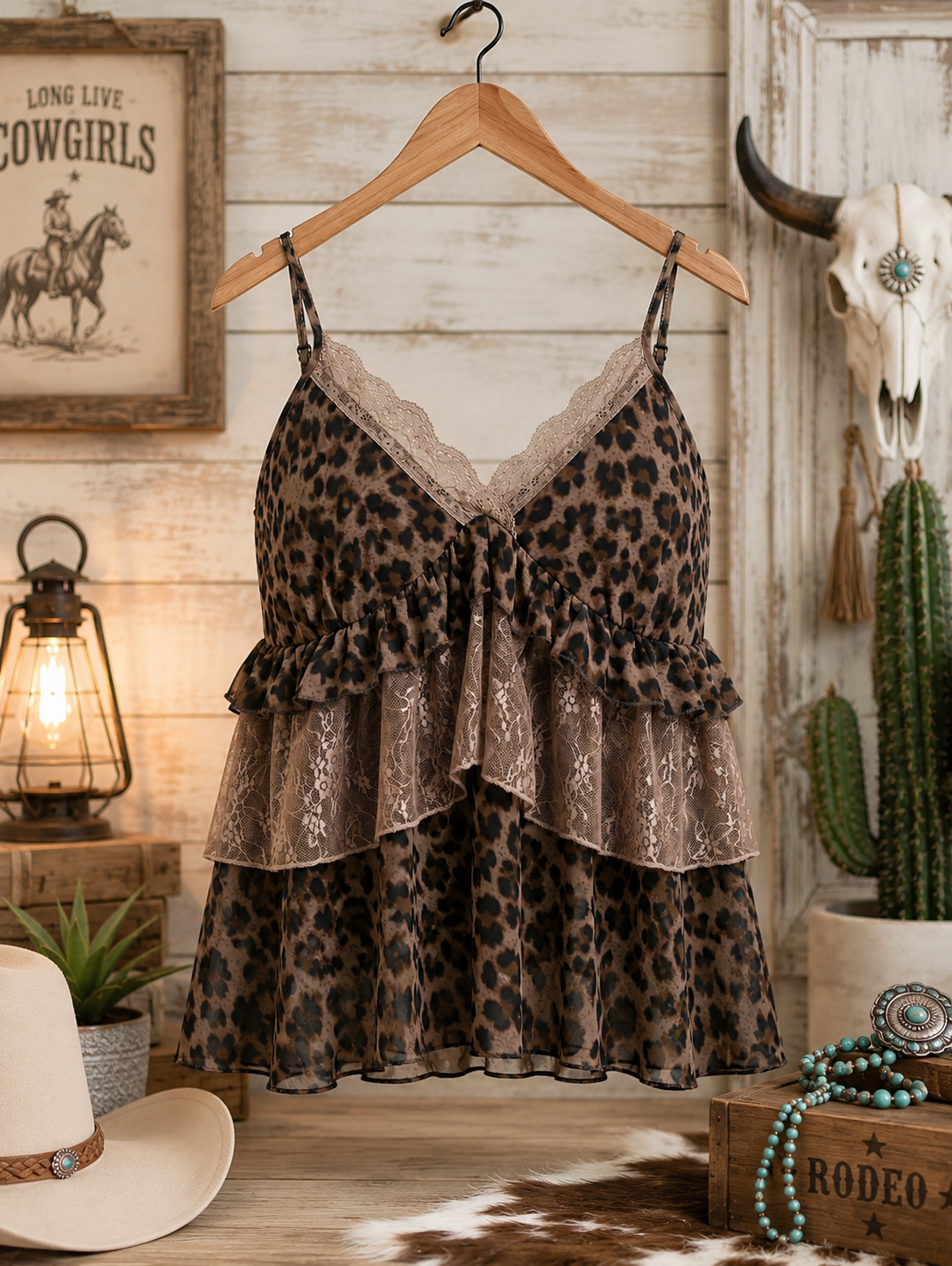 Leopard Lace Ruffle Layered Tank Top