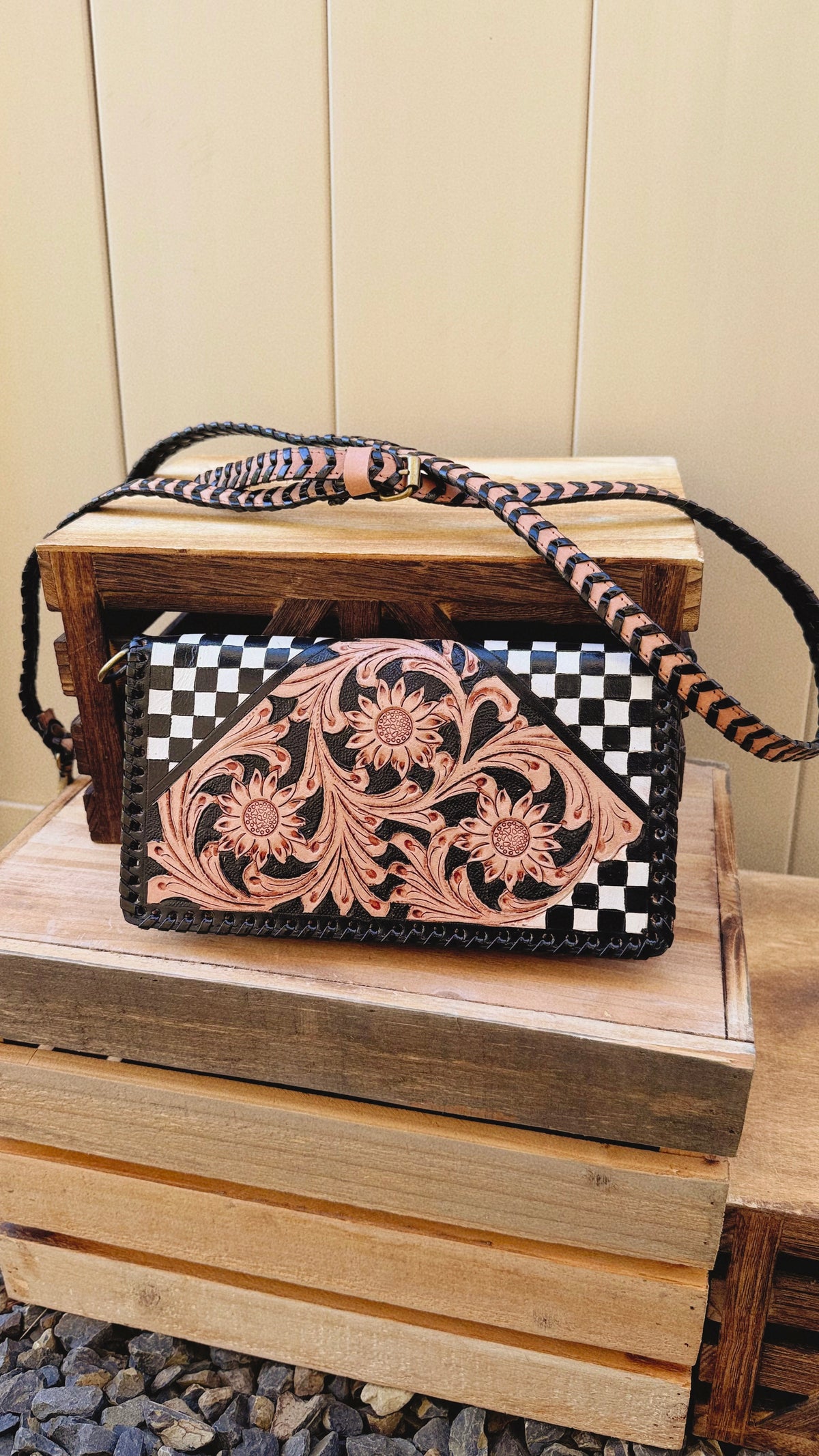 Wildcard Checkered Tooled Leather Clutch